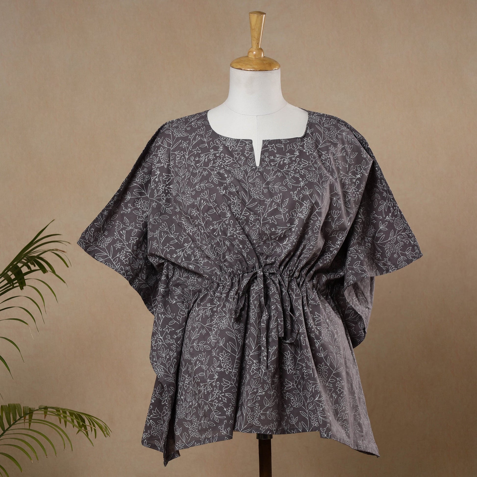 Brown - Hand Block Printed Cotton Kaftan with Tie-Up Waist (Short)