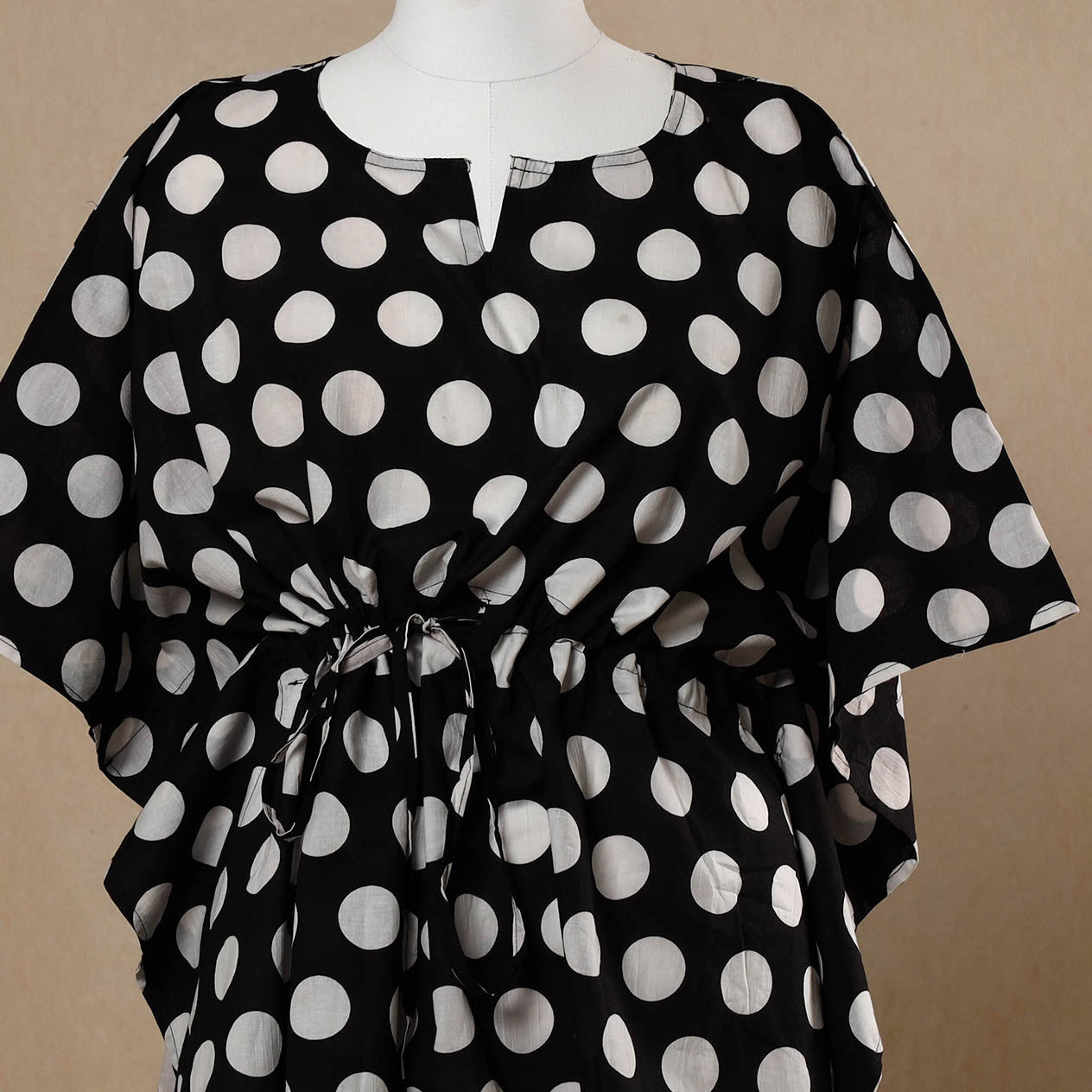 Black - Hand Printed Cotton Kaftan with Tie-Up Waist (Short)