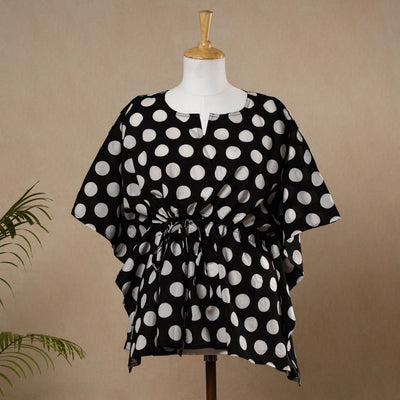 Black - Hand Printed Cotton Kaftan with Tie-Up Waist (Short)