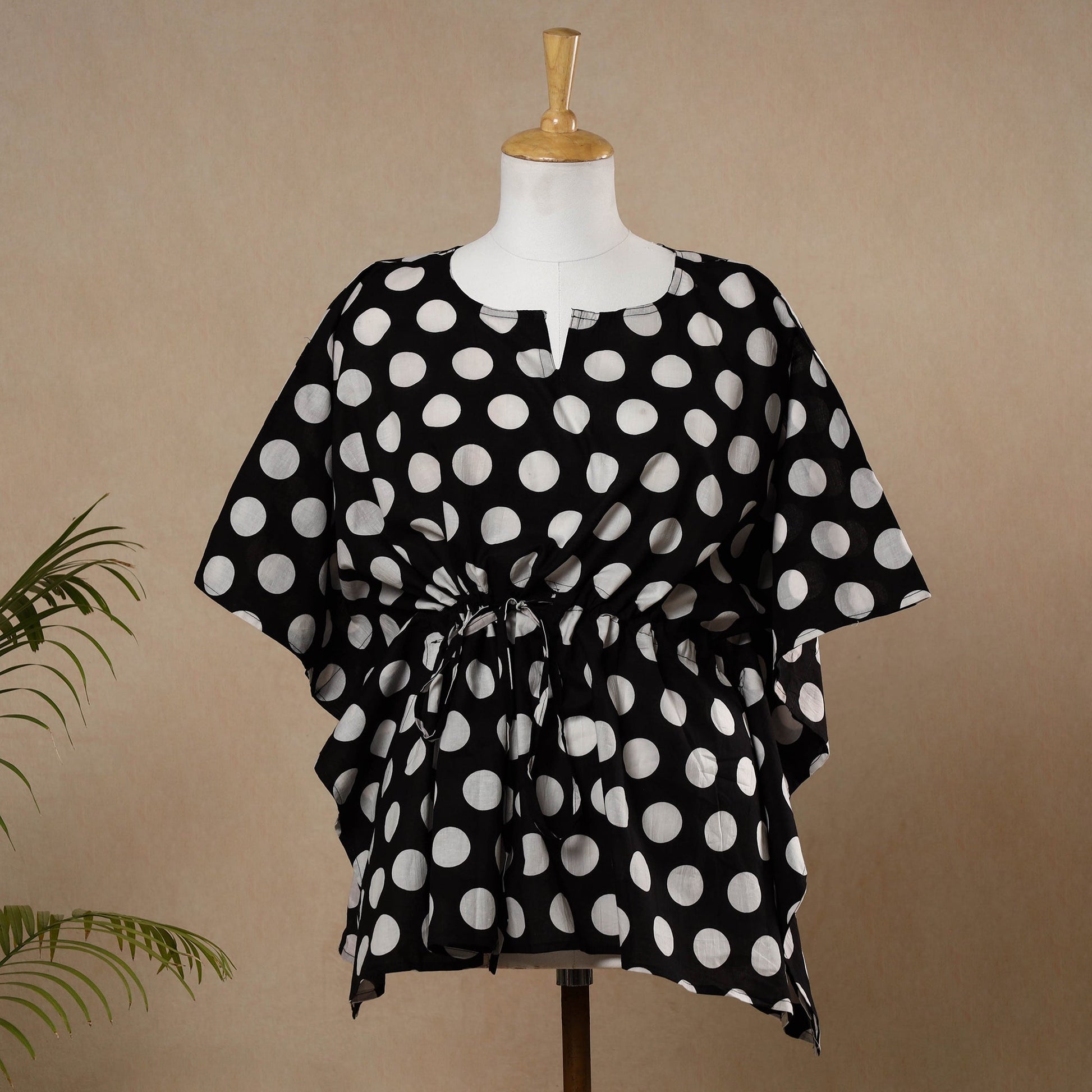 Black - Hand Printed Cotton Kaftan with Tie-Up Waist (Short)