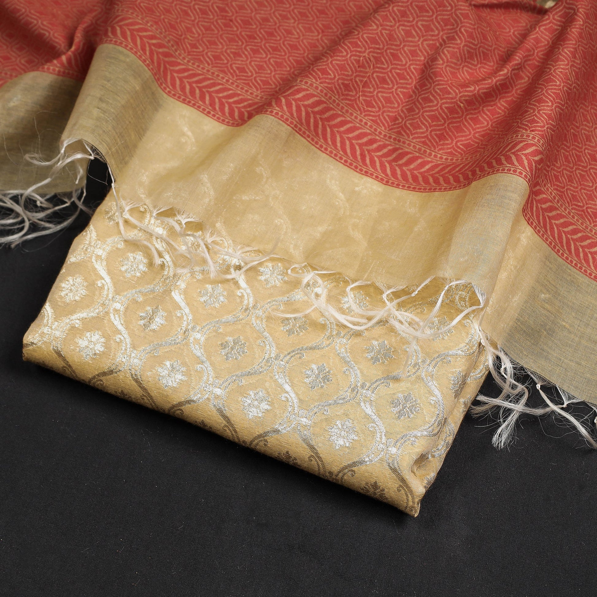Beige - 2pc Zari Buti Silk Cotton Handloom Banarasi Dress Material