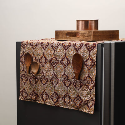 Brown - Kalamkari Block Printed Fridge Cover with Handle Cover 14