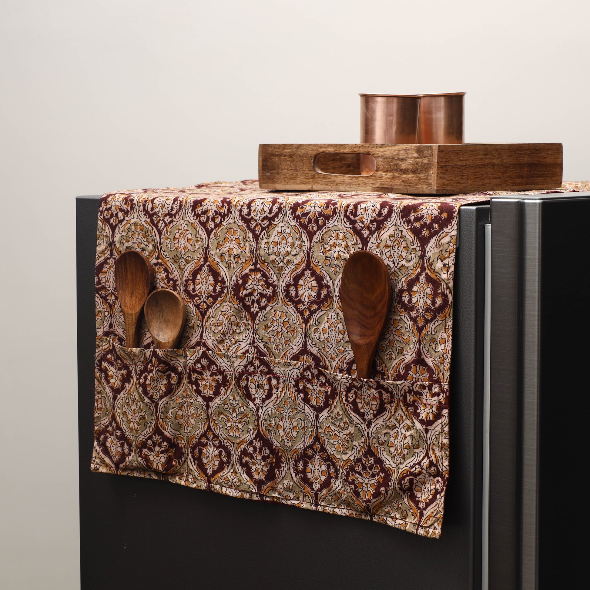 Brown - Kalamkari Block Printed Fridge Cover with Handle Cover 14