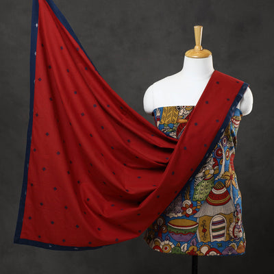 Blue - 3pc Chanderi Silk Kalamkari Kurta with Jacquard Dupatta 01