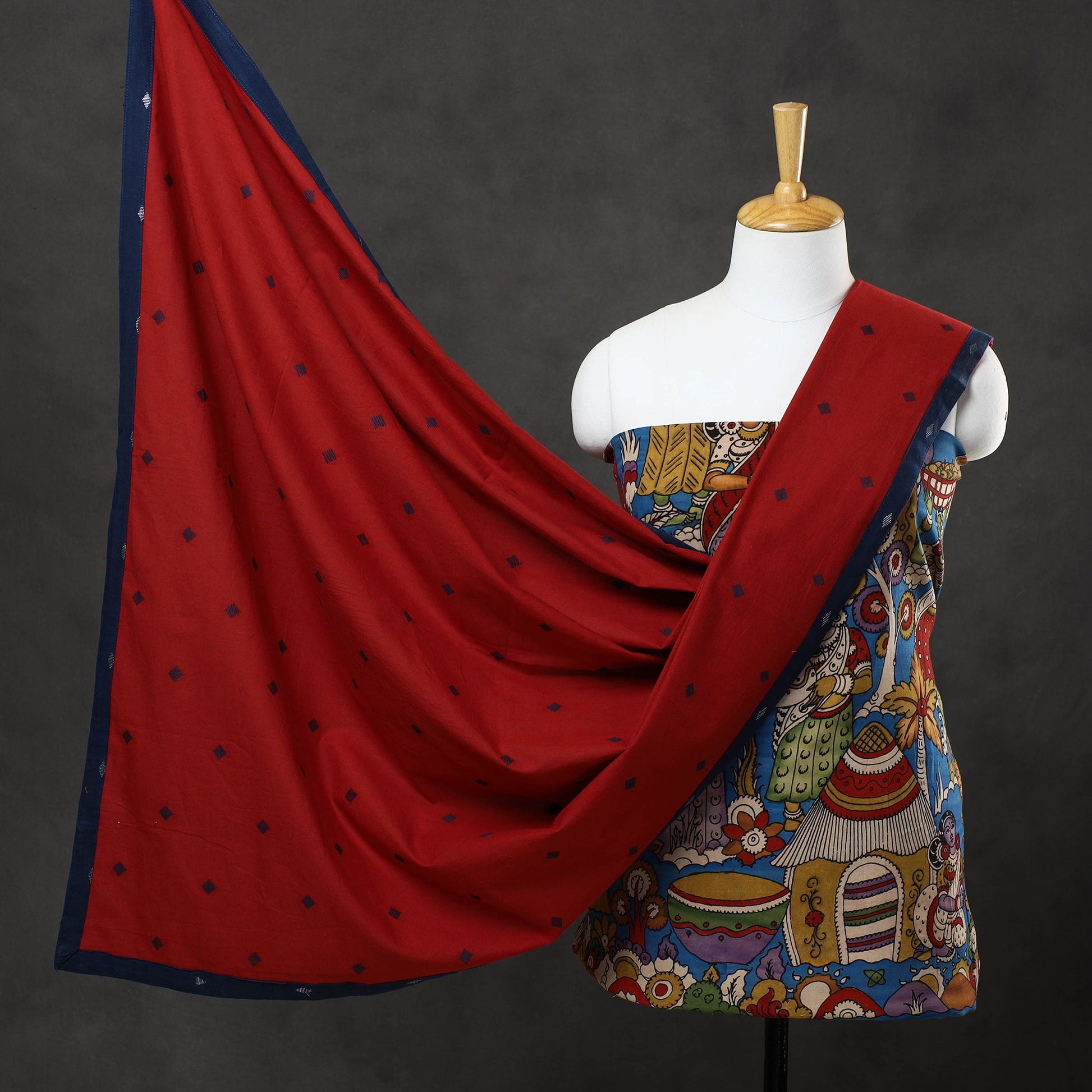 Blue - 3pc Chanderi Silk Kalamkari Kurta with Jacquard Dupatta 01