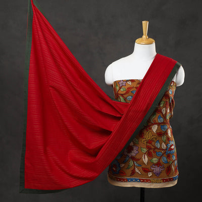 Brown - 3pc Bangalore Silk Kalamkari Kurta with Jacquard Dupatta 07