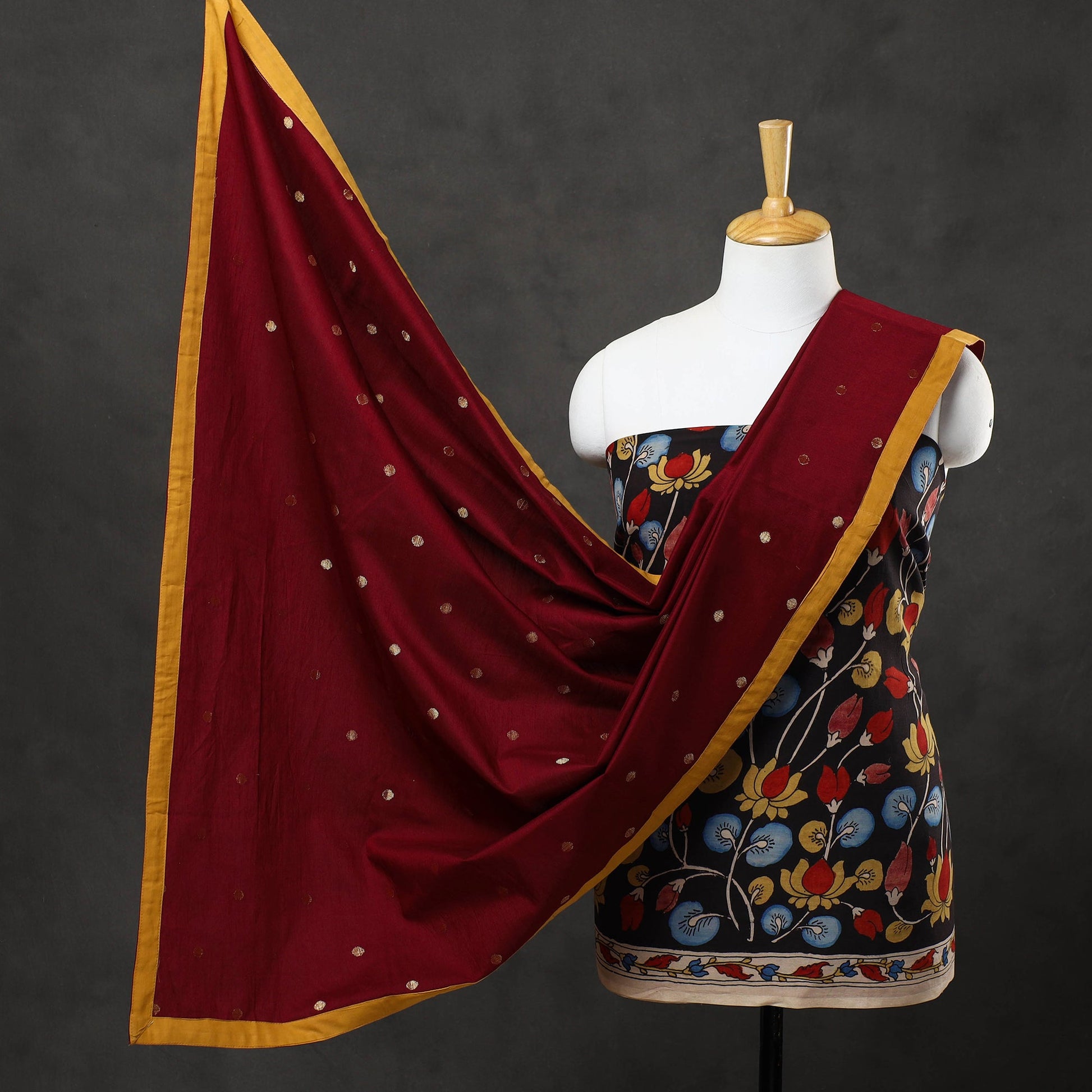 Black - 3pc Chanderi Silk Kalamkari Kurta with Polka Dot Dupatta 08