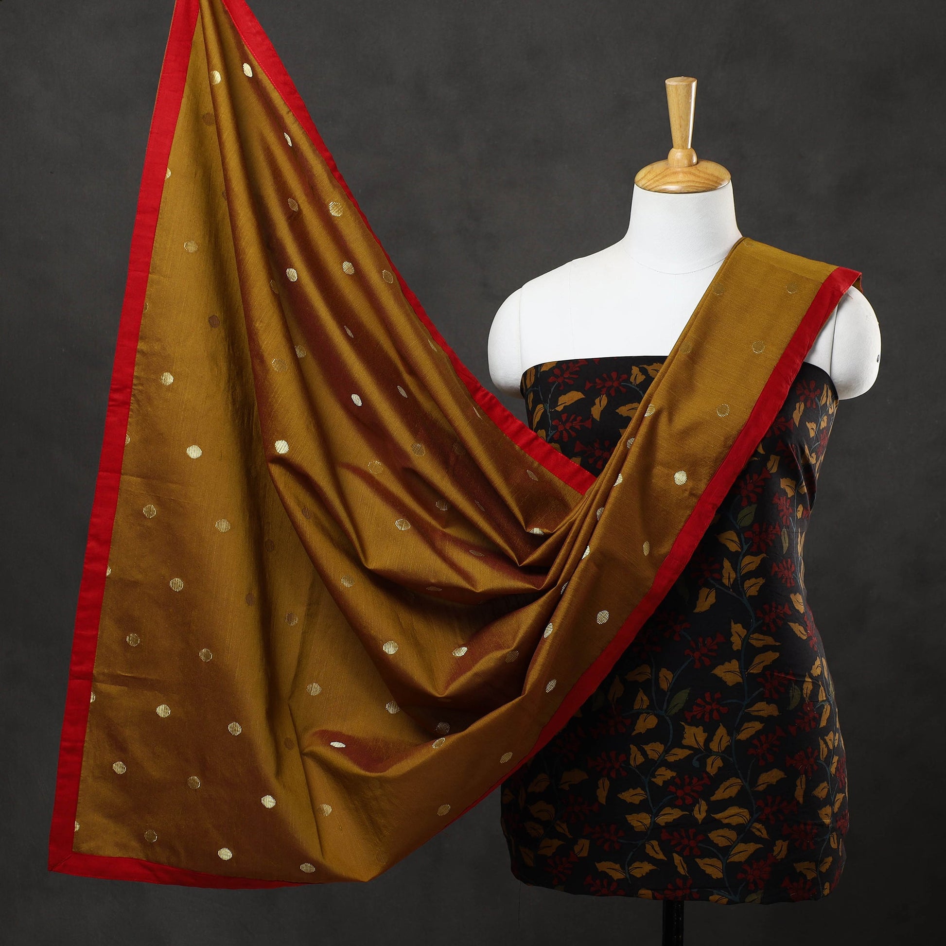 Black - 3pc Chanderi Silk Kalamkari Kurta with Polka Dot Dupatta 13