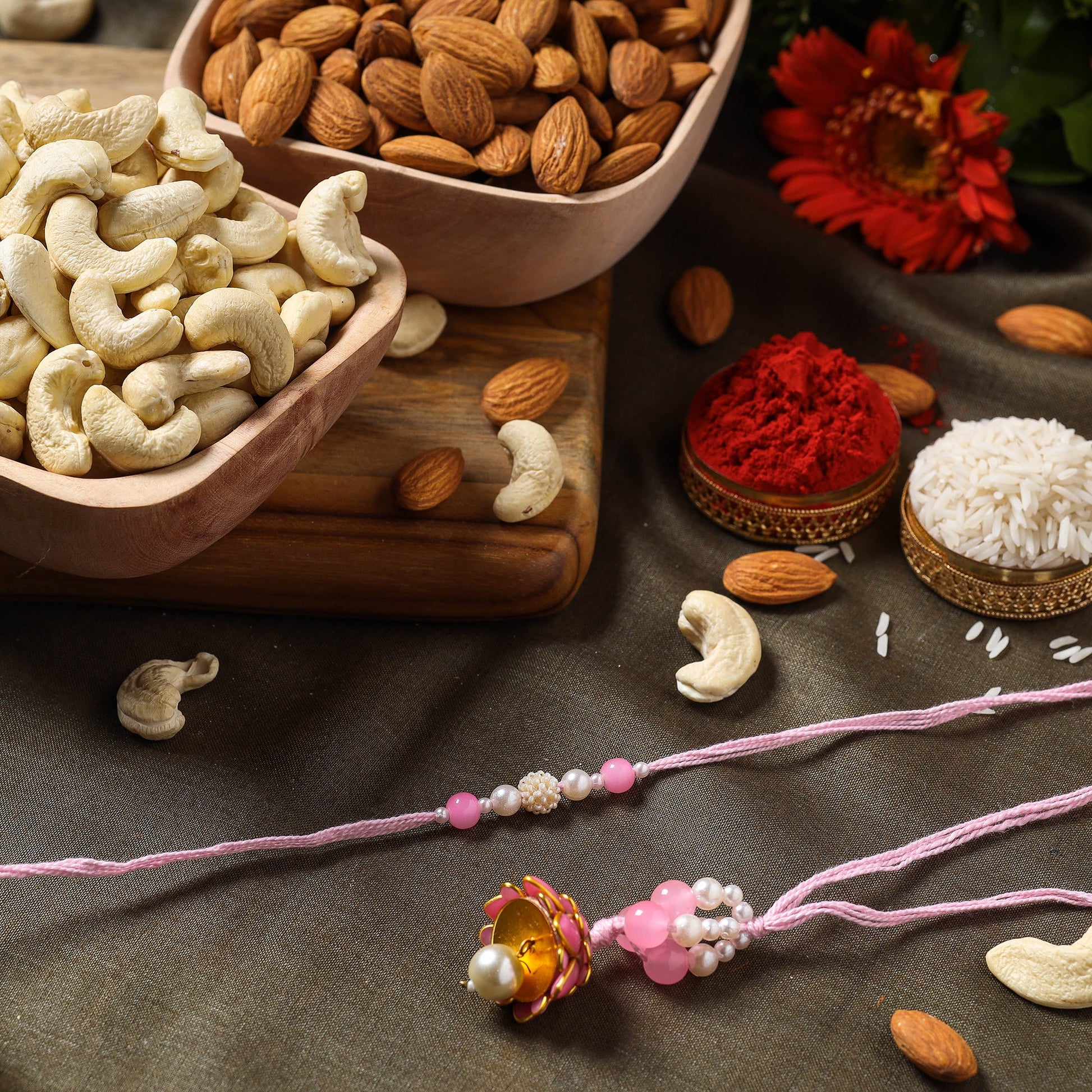 Beadwork Bhaiya Bhabhi Rakhi with Cashew & Almonds