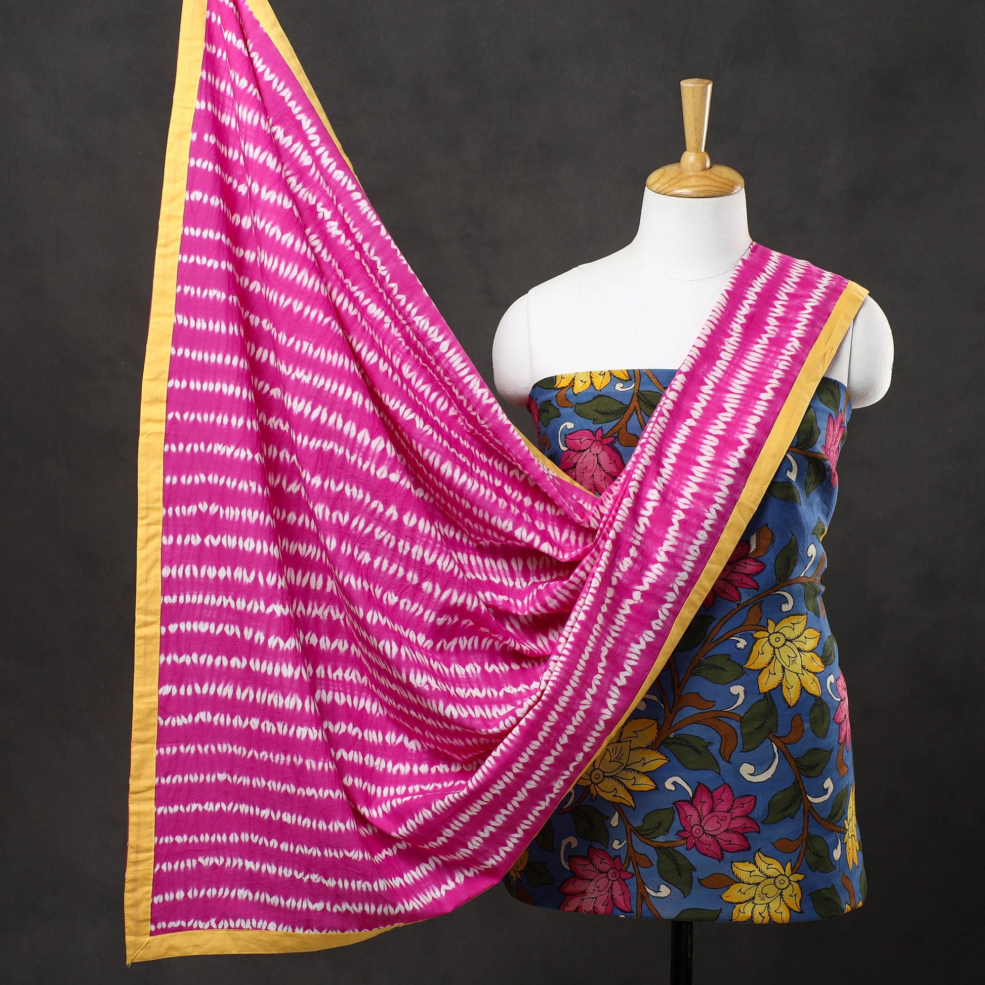 Blue - 3pc Chanderi Silk Kalamkari Kurta with Shibori Dupatta 16