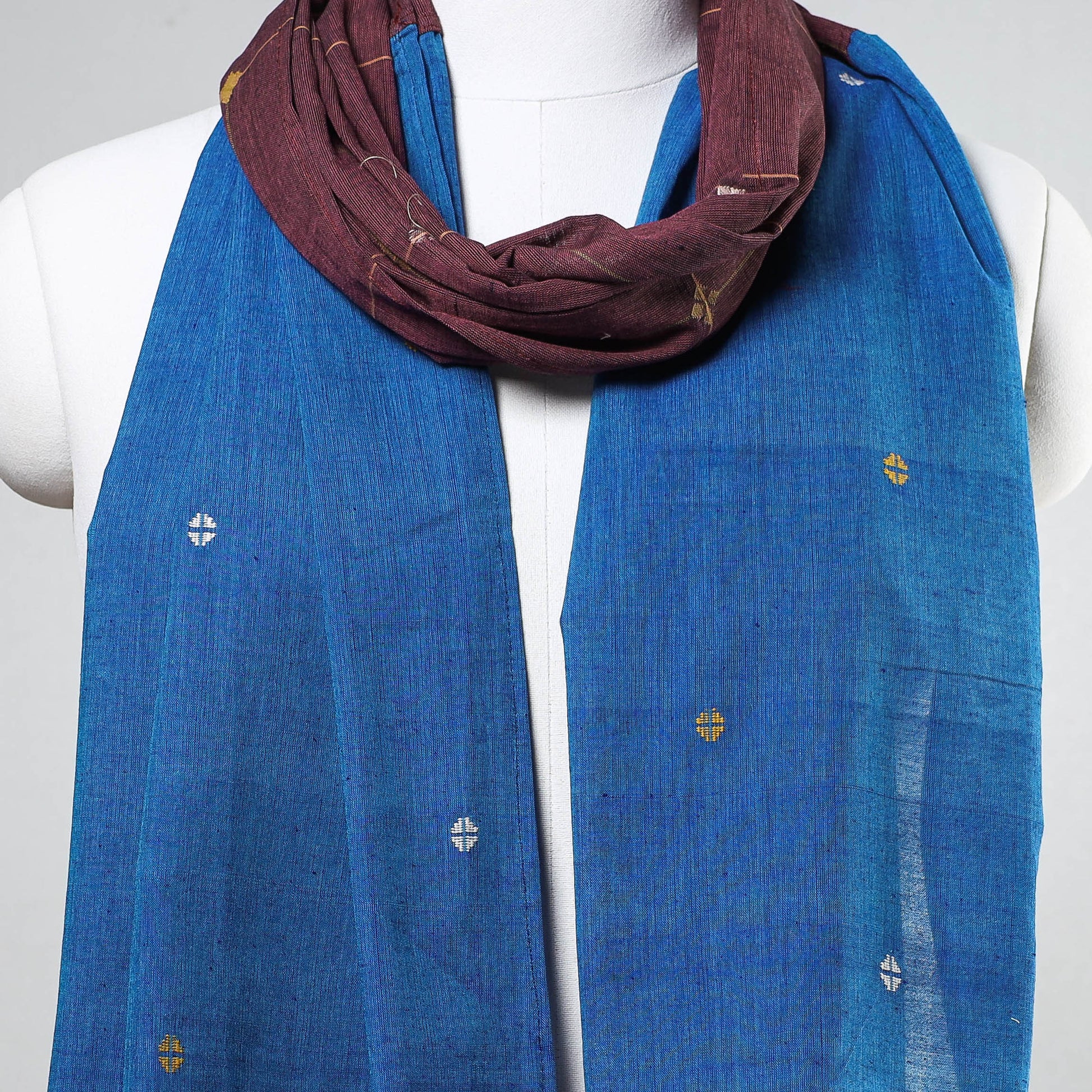 Blue - Godavari Jamdani Buti Patchwork Cotton Stole with Tassels