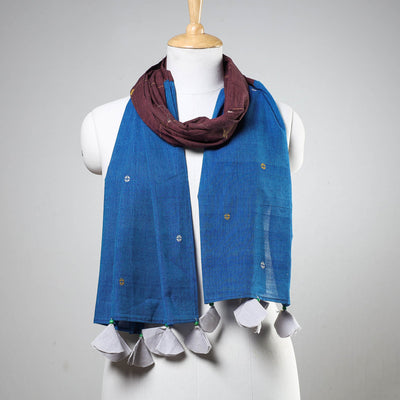 Blue - Godavari Jamdani Buti Patchwork Cotton Stole with Tassels