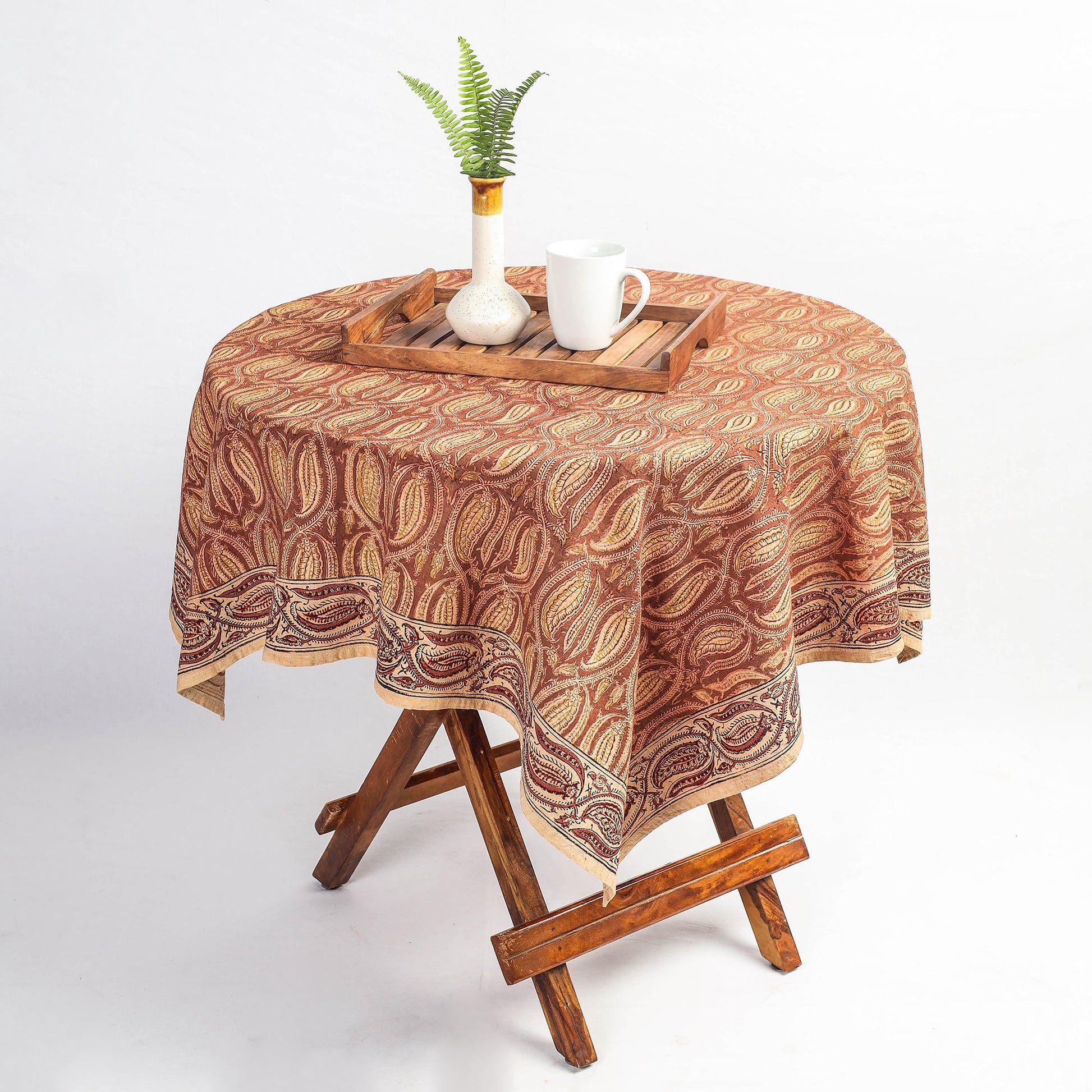 Brown - Original Pedana Kalamkari Block Printed Cotton Table Cover (45 x 45 in)