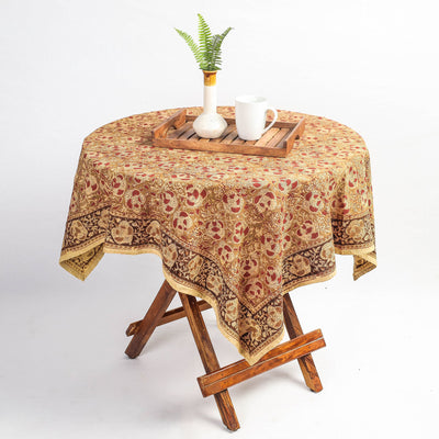 Brown - Original Pedana Kalamkari Block Printed Cotton Table Cover (45 x 45 in)
