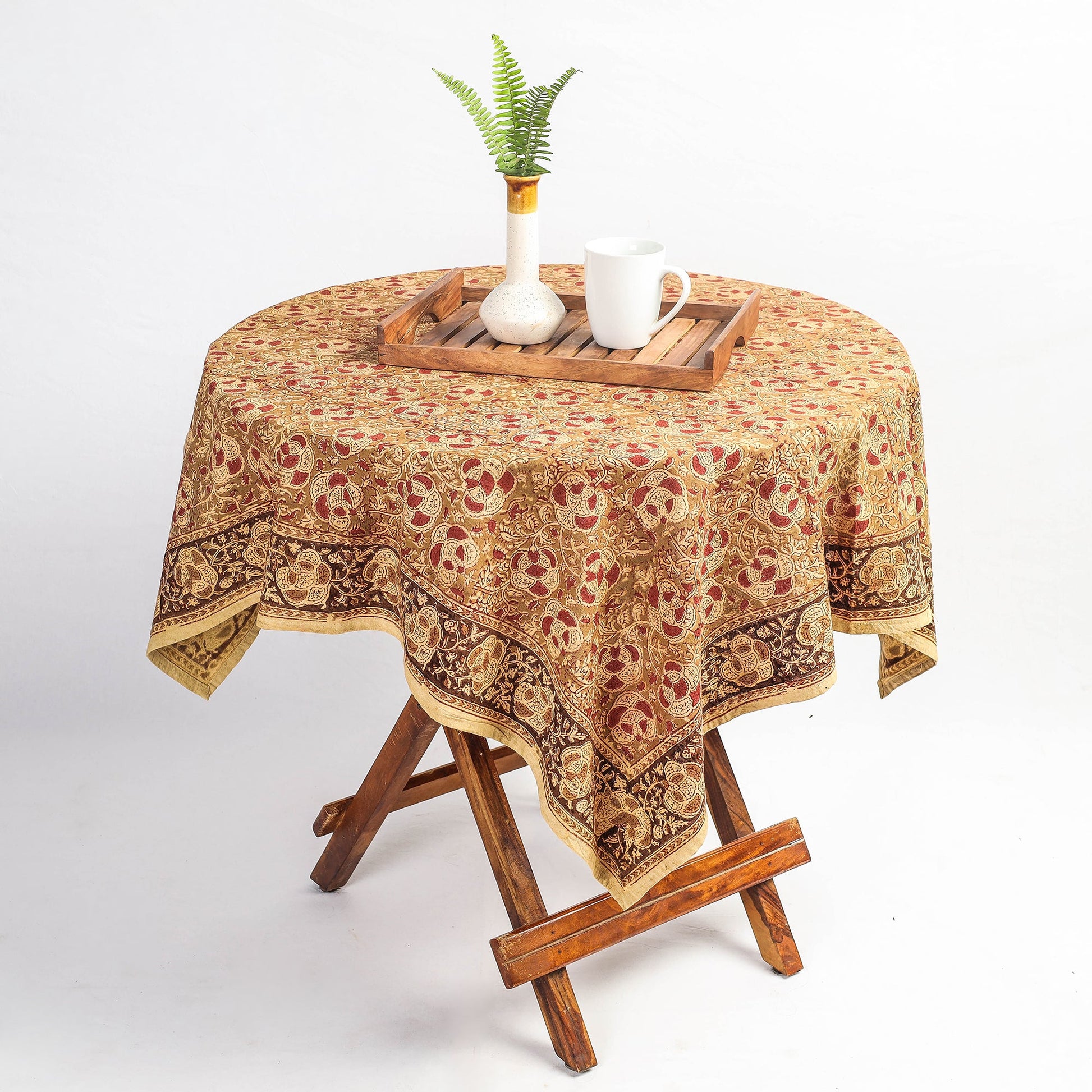 Brown - Original Pedana Kalamkari Block Printed Cotton Table Cover (45 x 45 in)
