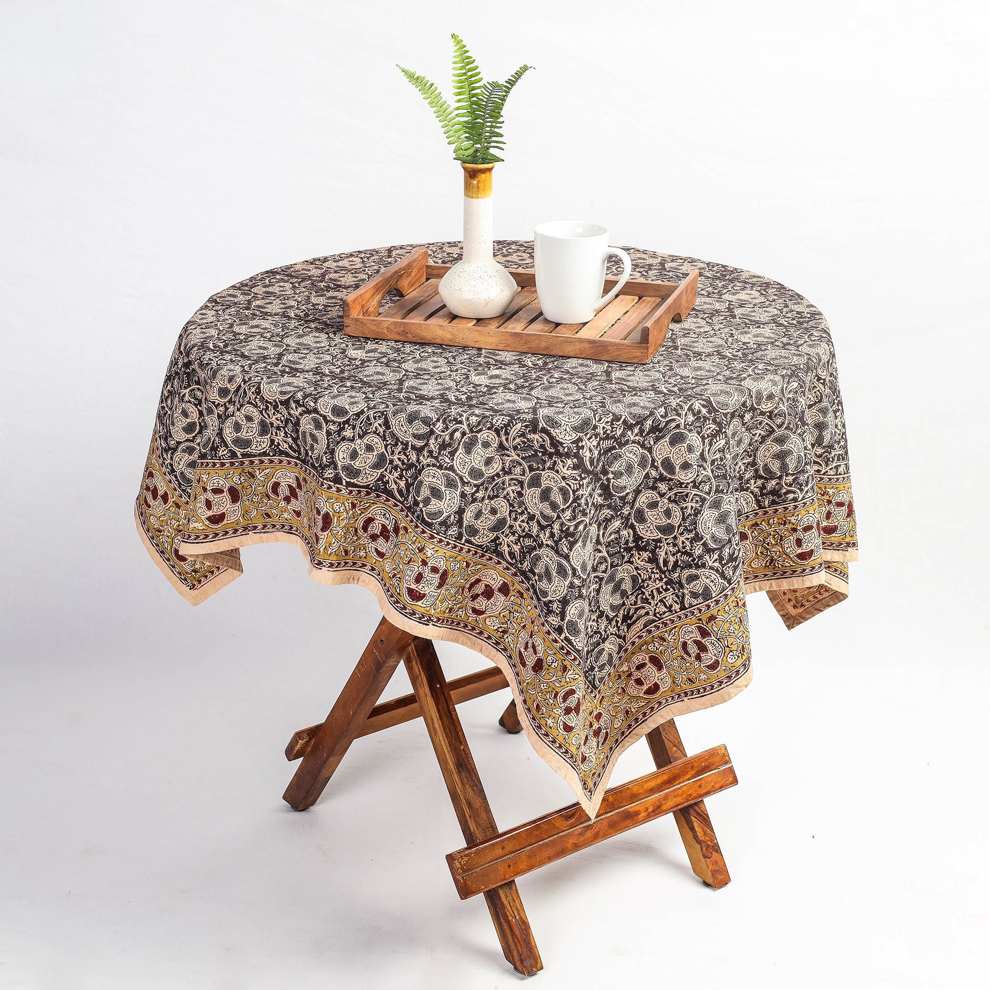 Brown - Original Pedana Kalamkari Block Printed Cotton Table Cover (45 x 45 in)
