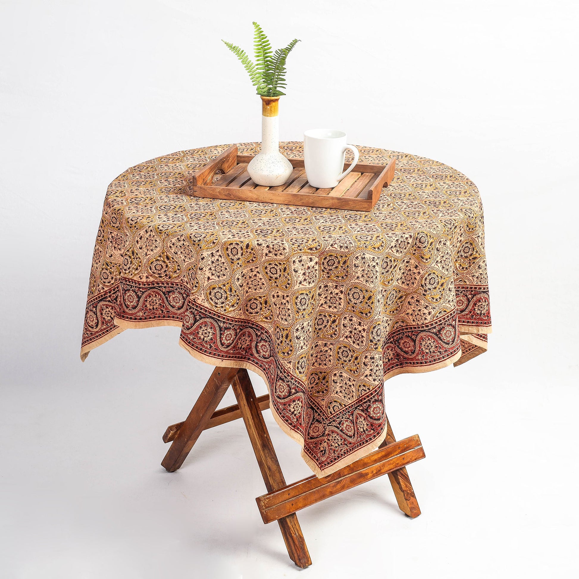 Beige - Original Pedana Kalamkari Block Printed Cotton Table Cover (45 x 45 in)