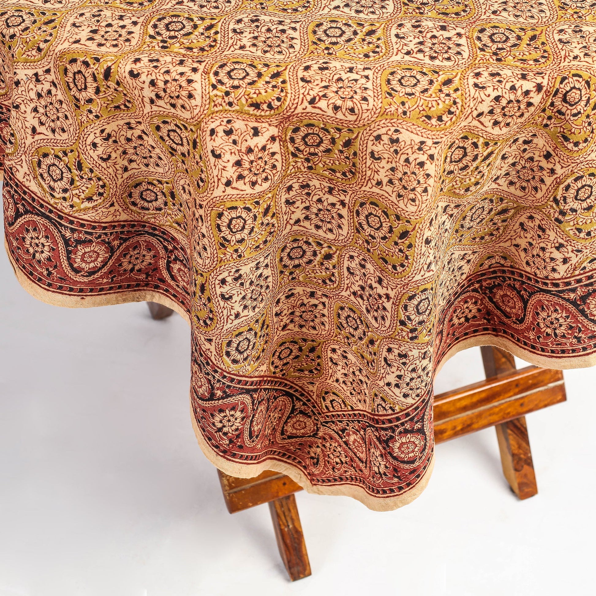 Beige - Original Pedana Kalamkari Block Printed Cotton Table Cover (45 x 45 in)