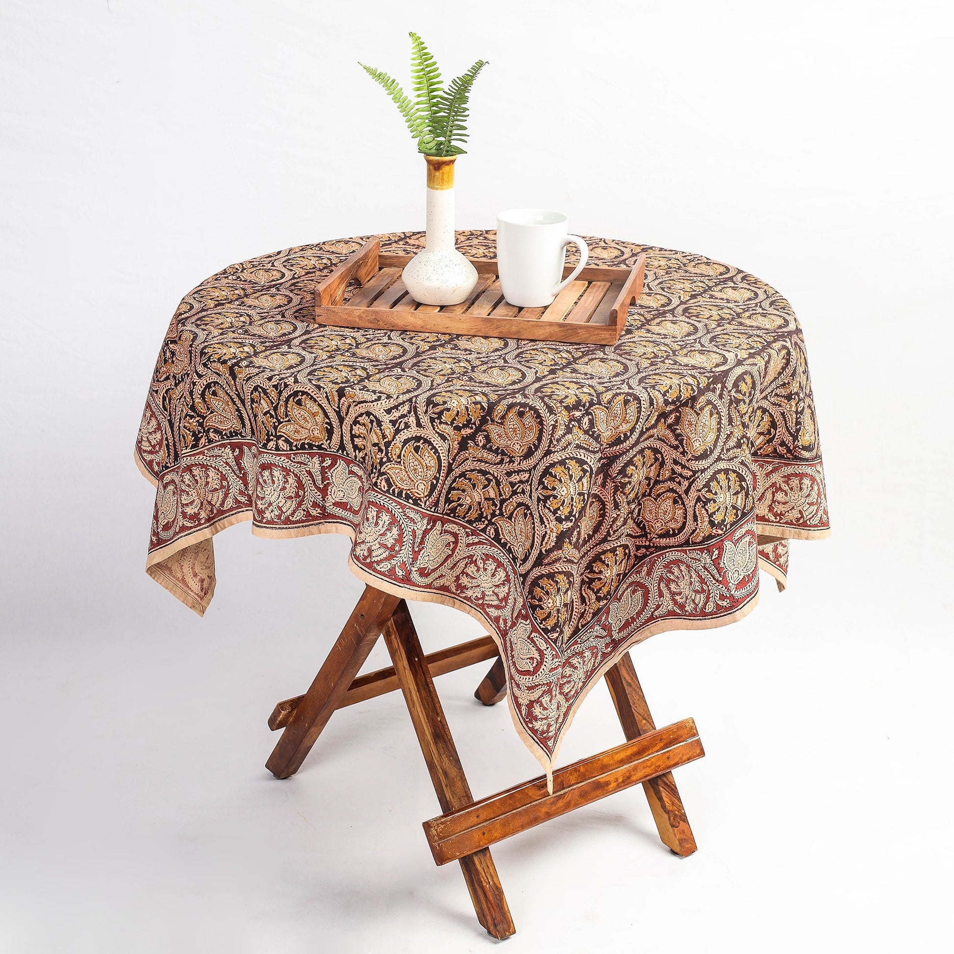 Beige - Original Pedana Kalamkari Block Printed Cotton Table Cover (45 x 45 in)