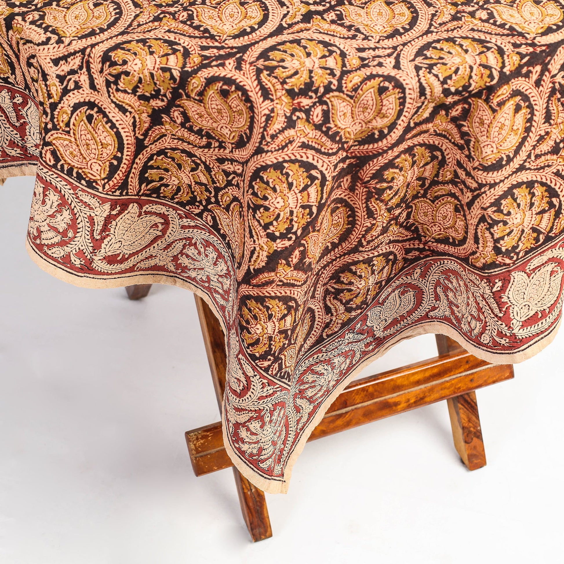 Beige - Original Pedana Kalamkari Block Printed Cotton Table Cover (45 x 45 in)