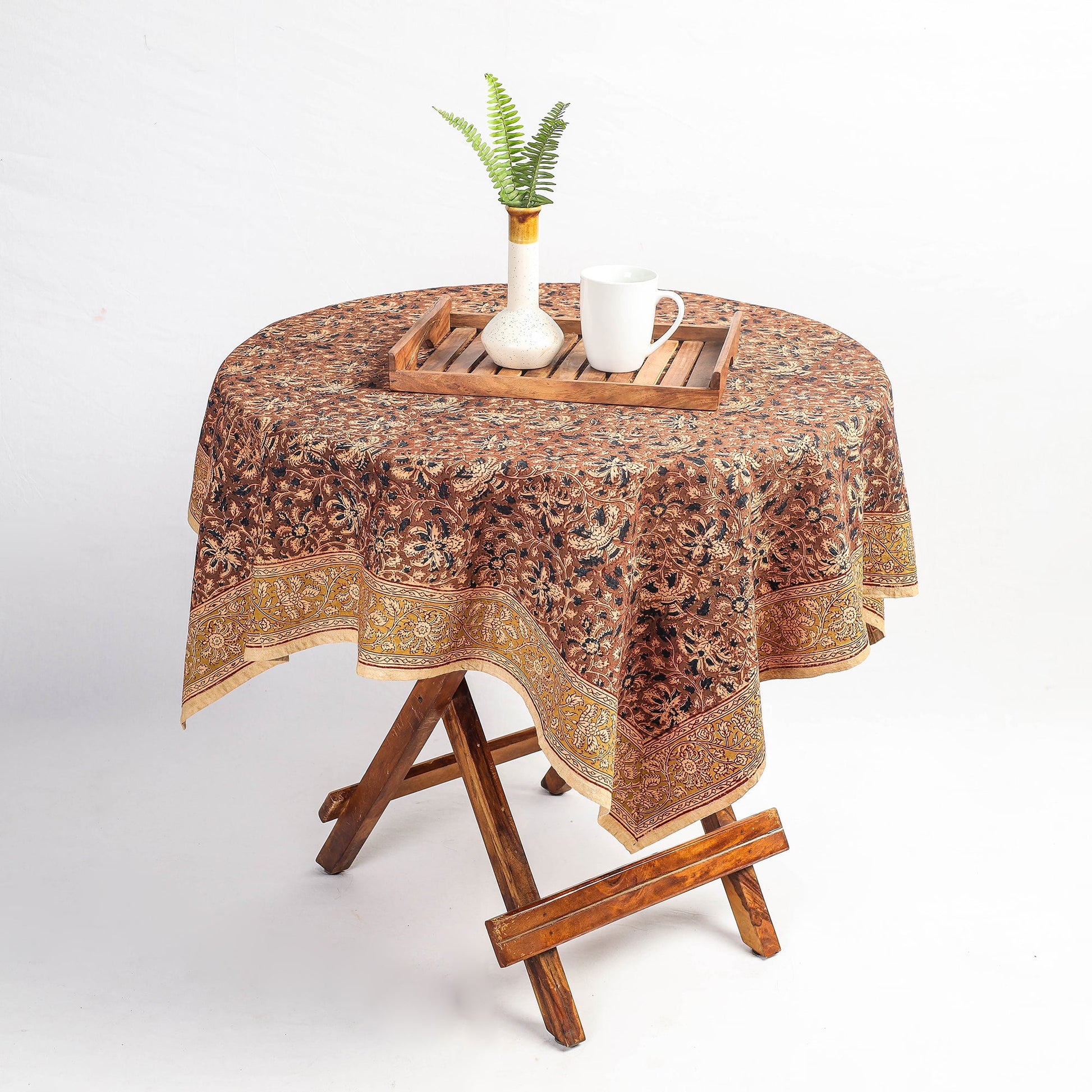Brown - Original Pedana Kalamkari Block Printed Cotton Table Cover (45 x 45 in)