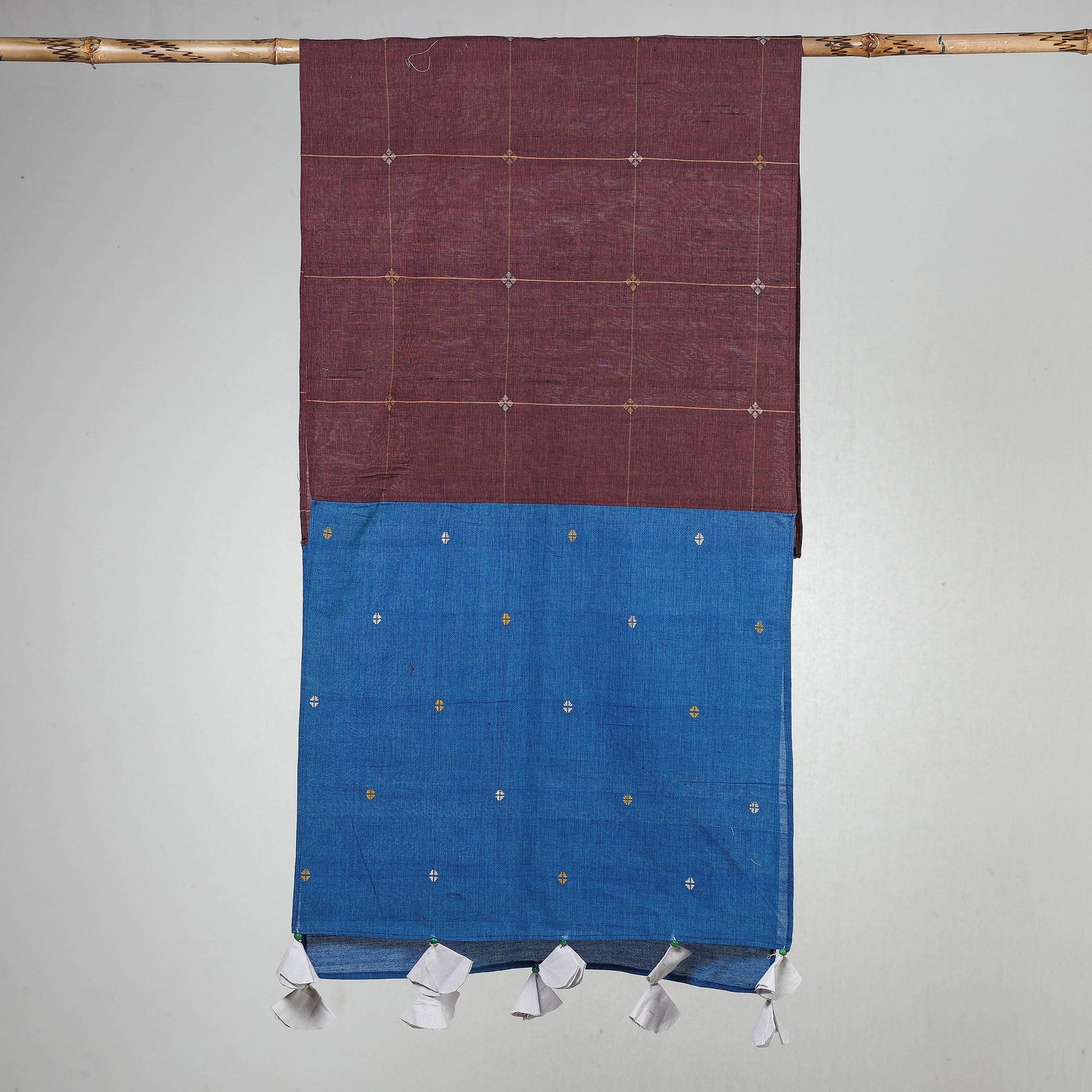 Blue - Godavari Jamdani Buti Patchwork Cotton Stole with Tassels