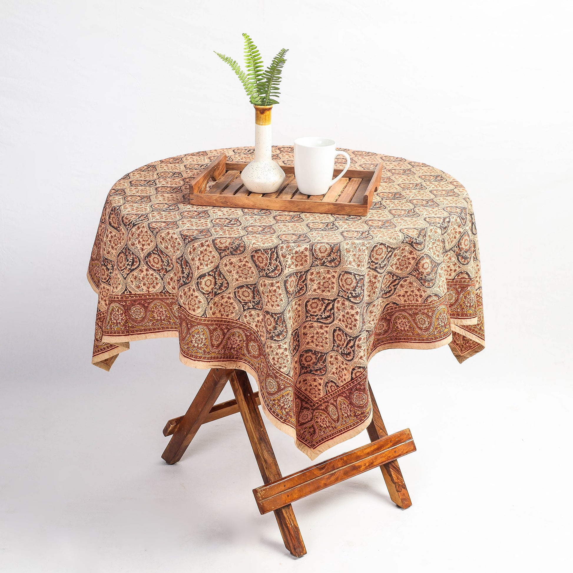 Beige - Original Pedana Kalamkari Block Printed Cotton Table Cover (45 x 45 in)