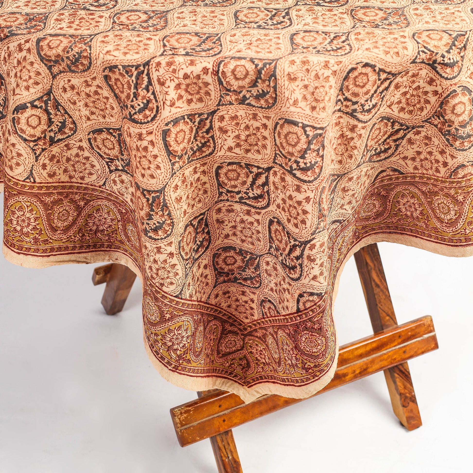 Beige - Original Pedana Kalamkari Block Printed Cotton Table Cover (45 x 45 in)