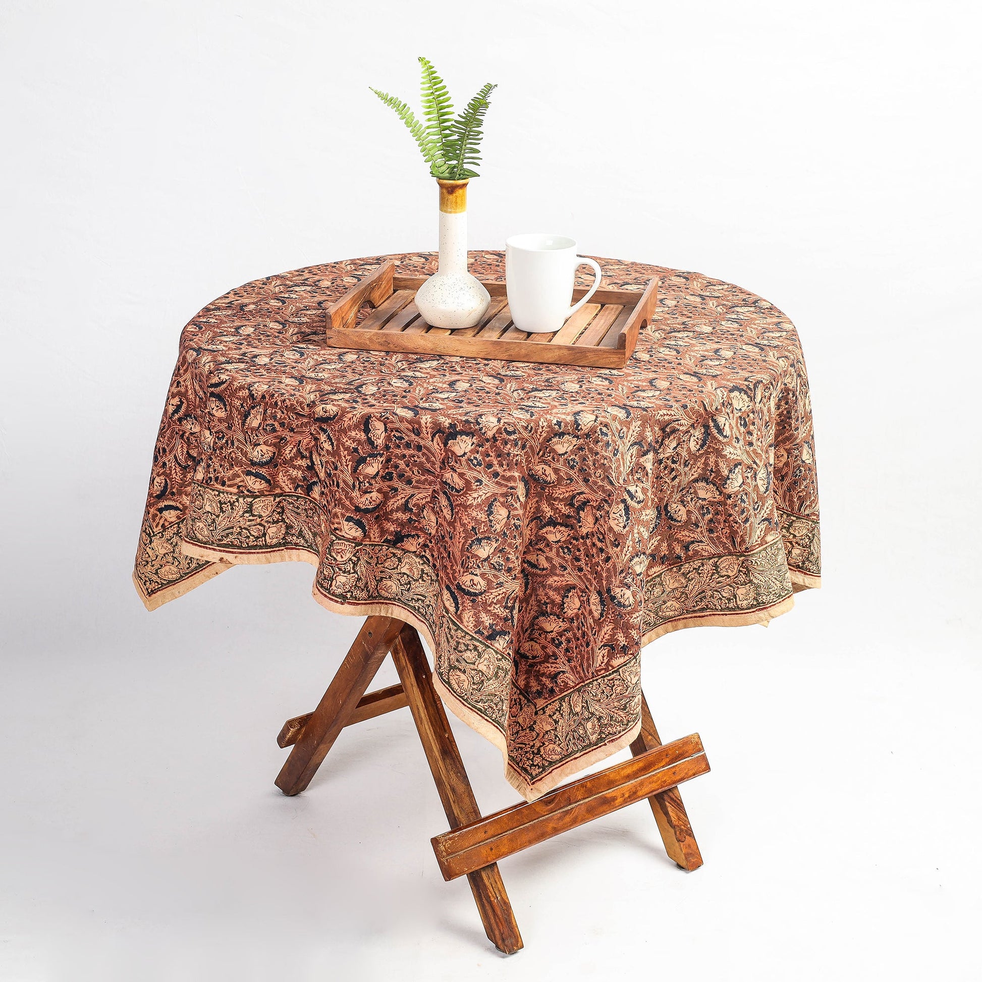 Brown - Original Pedana Kalamkari Block Printed Cotton Table Cover (45 x 45 in)