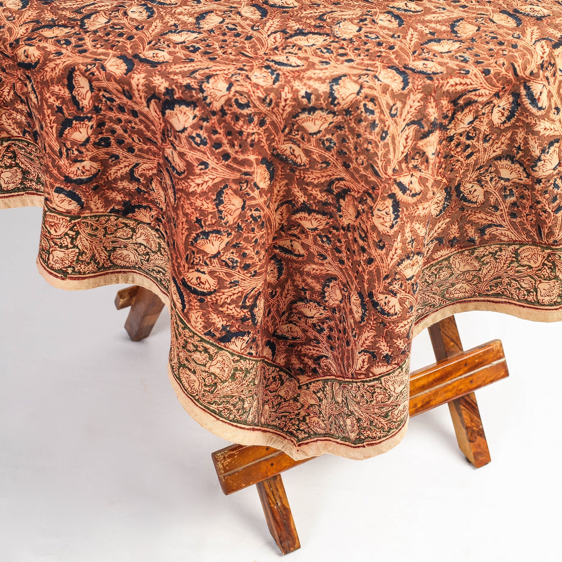 Brown - Original Pedana Kalamkari Block Printed Cotton Table Cover (45 x 45 in)