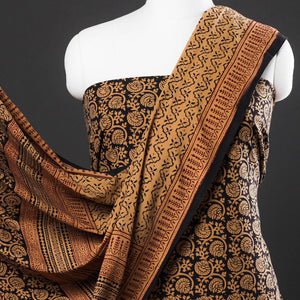 Brown - 3pc Natural Dyed Cotton Bagh Print Suit Material Set 09