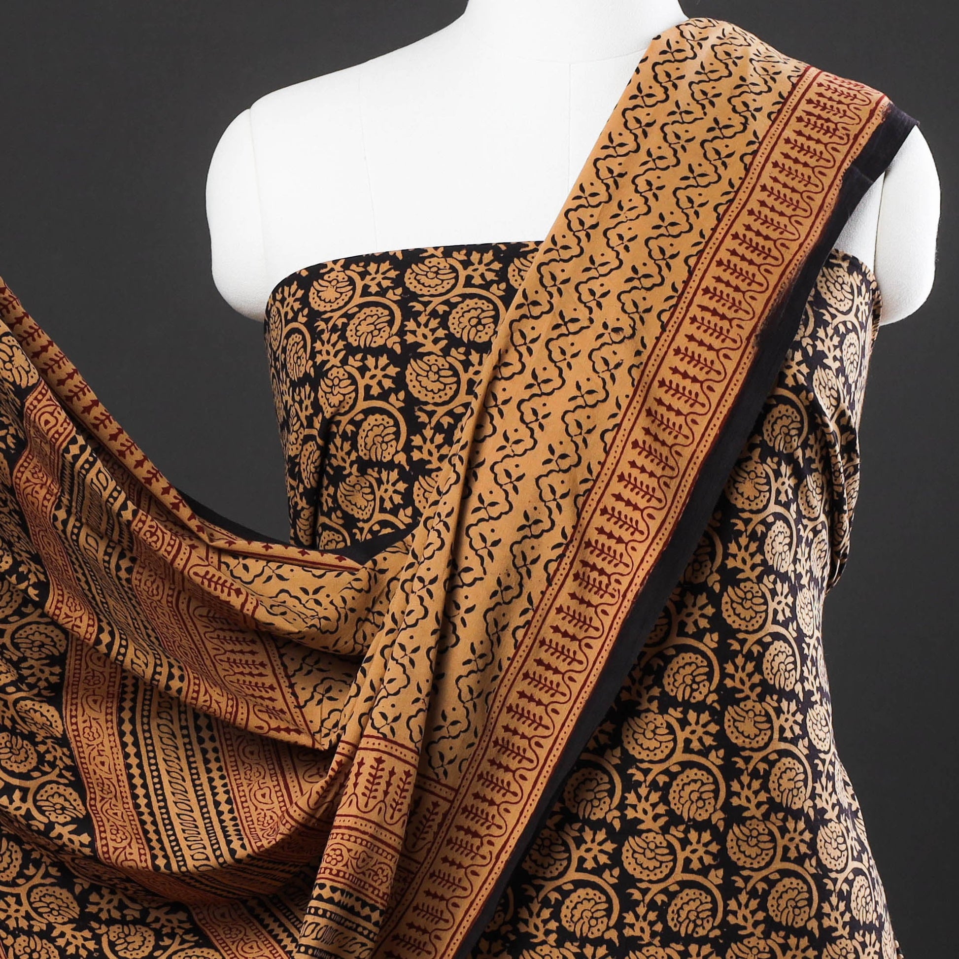 Brown - 3pc Natural Dyed Cotton Bagh Print Suit Material Set 09