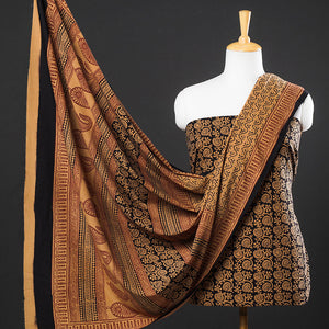 Brown - 3pc Natural Dyed Cotton Bagh Print Suit Material Set 09