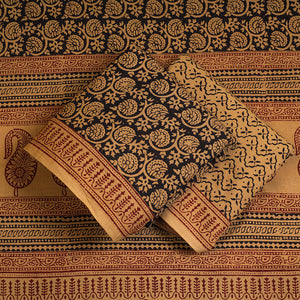 Brown - 3pc Natural Dyed Cotton Bagh Print Suit Material Set 09
