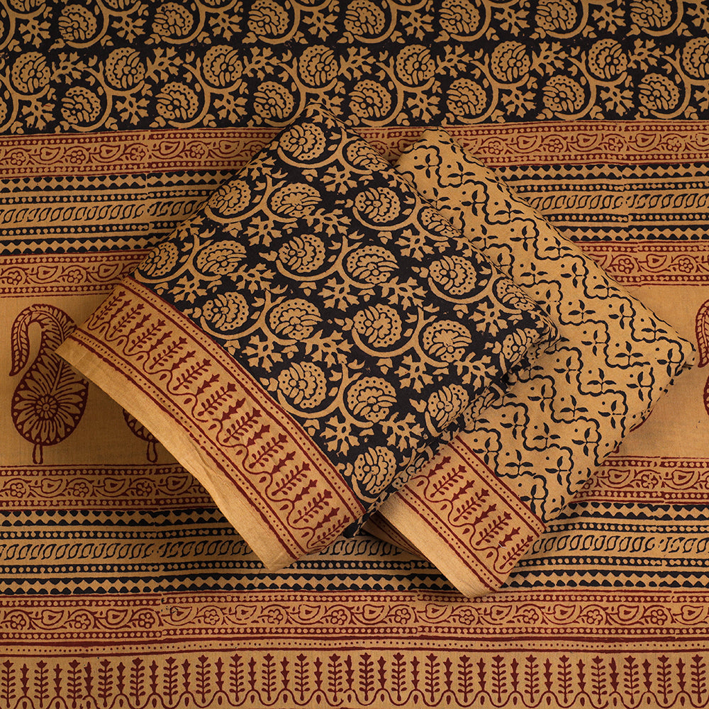 Brown - 3pc Natural Dyed Cotton Bagh Print Suit Material Set 09