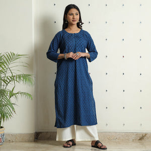 Blue - Block Print Cotton Pintuck Straight Bagh Kurta