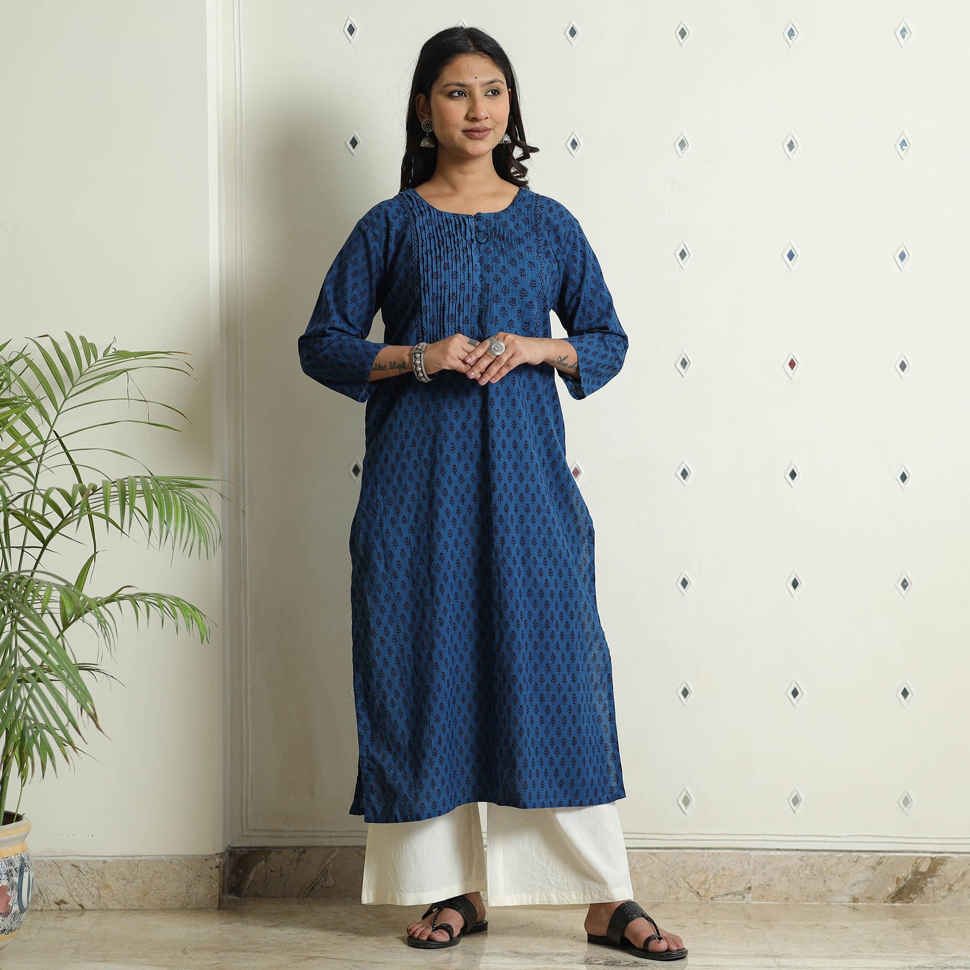 Blue - Block Print Cotton Pintuck Straight Bagh Kurta