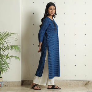 Blue - Block Print Cotton Pintuck Straight Bagh Kurta