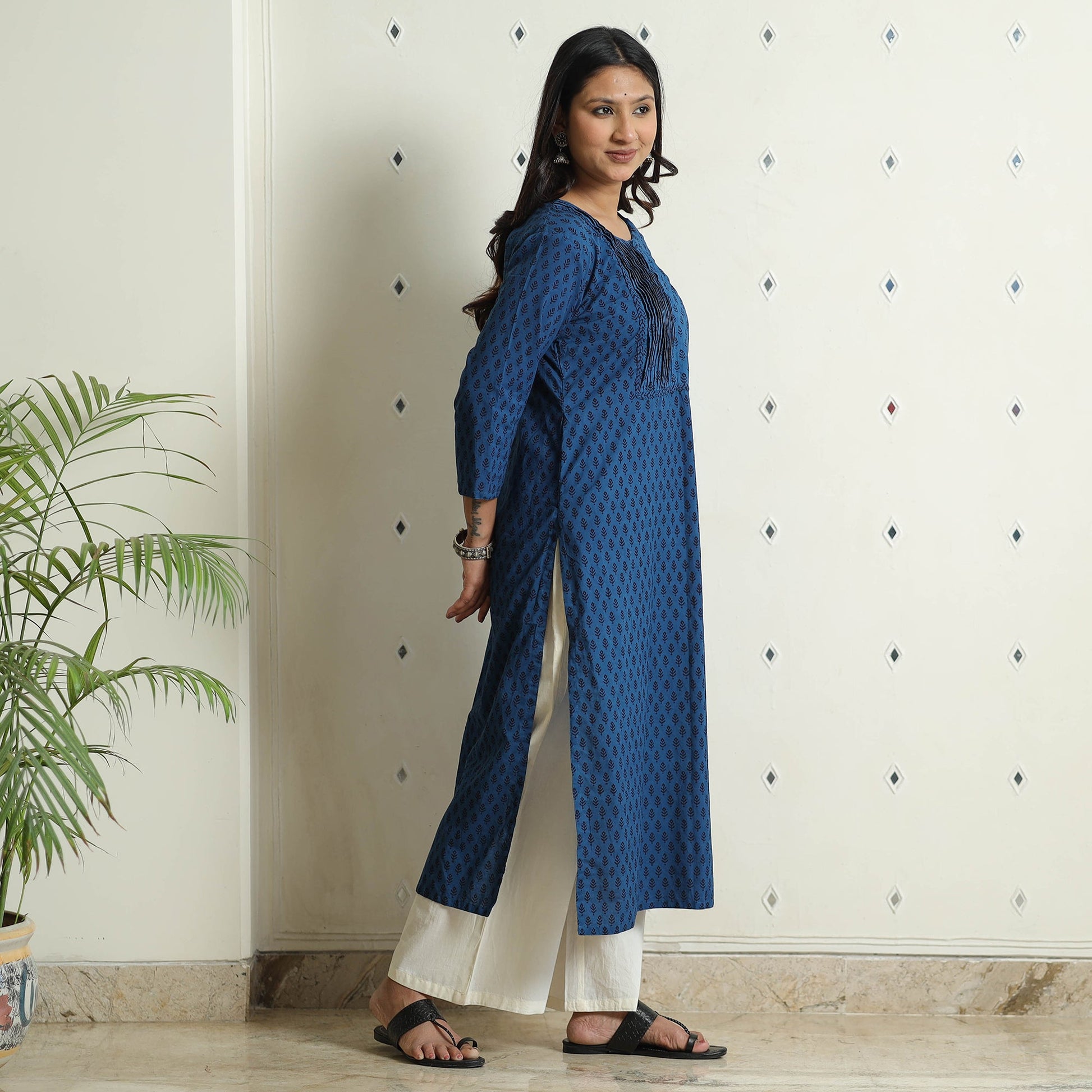 Blue - Block Print Cotton Pintuck Straight Bagh Kurta