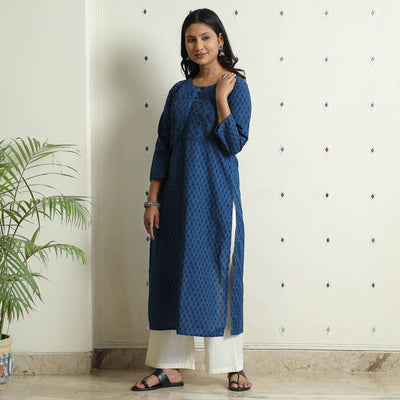 Blue - Block Print Cotton Pintuck Straight Bagh Kurta