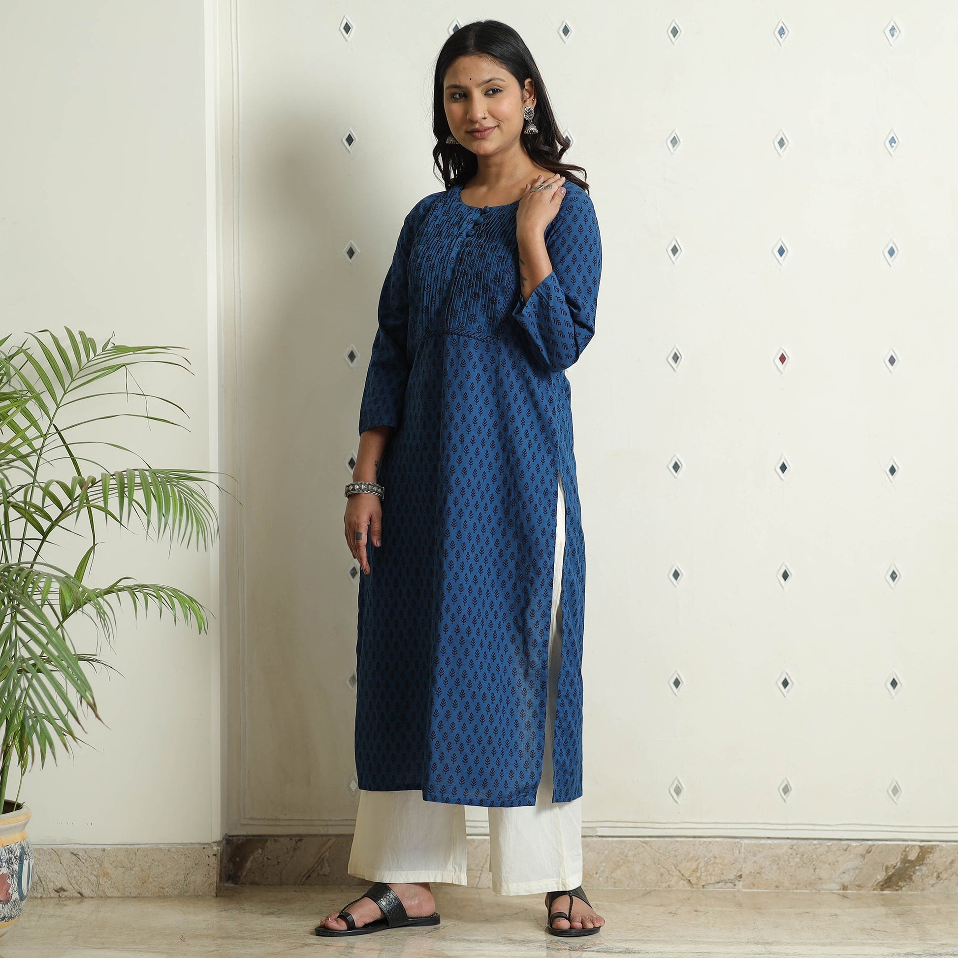 Blue - Block Print Cotton Pintuck Straight Bagh Kurta