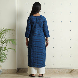 Blue - Block Print Cotton Pintuck Straight Bagh Kurta