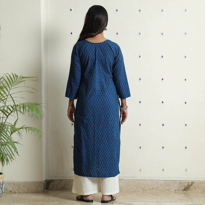 Blue - Block Print Cotton Pintuck Straight Bagh Kurta