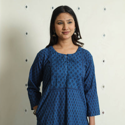 Blue - Block Print Cotton Pintuck Straight Bagh Kurta