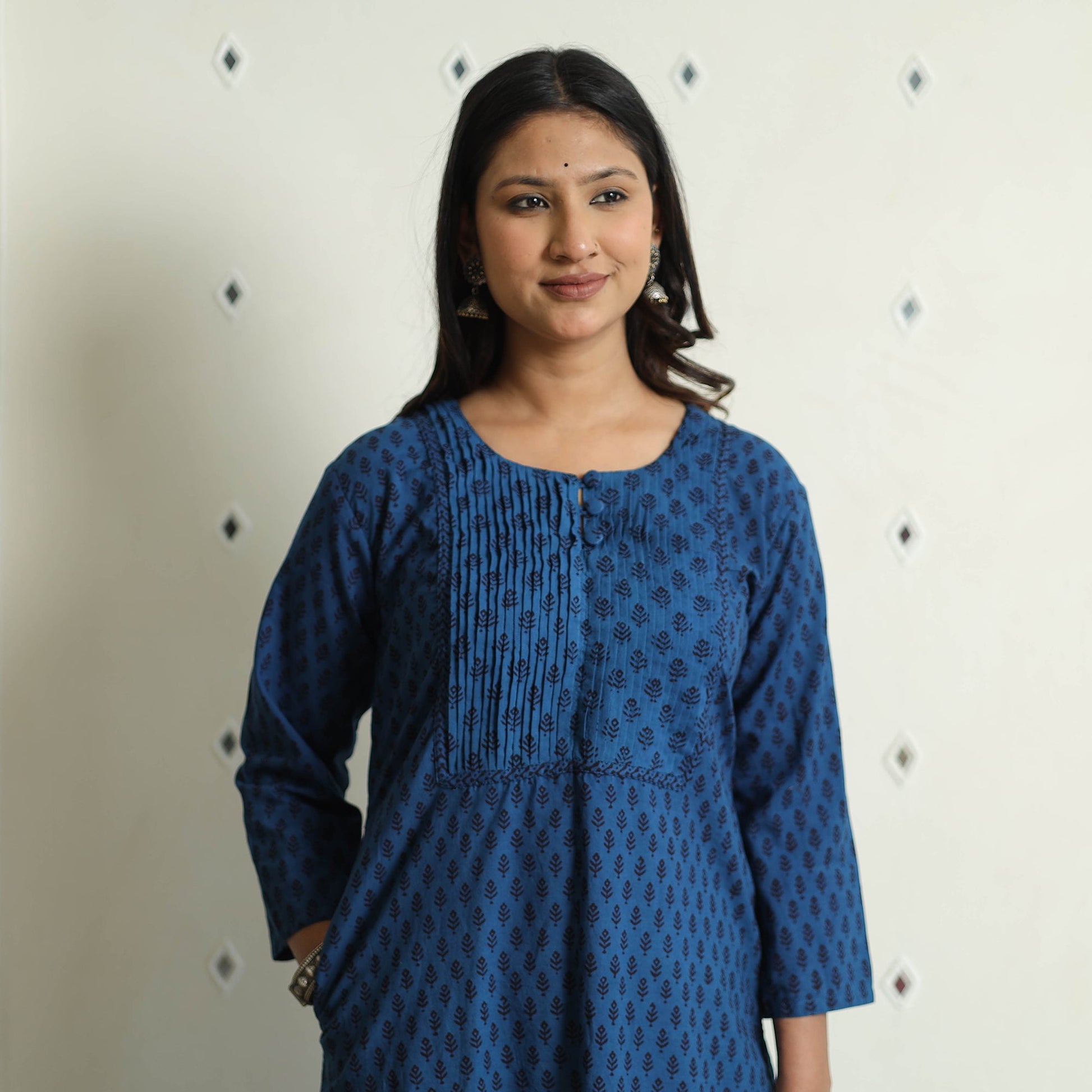 Blue - Block Print Cotton Pintuck Straight Bagh Kurta