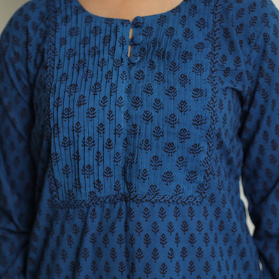 Blue - Block Print Cotton Pintuck Straight Bagh Kurta