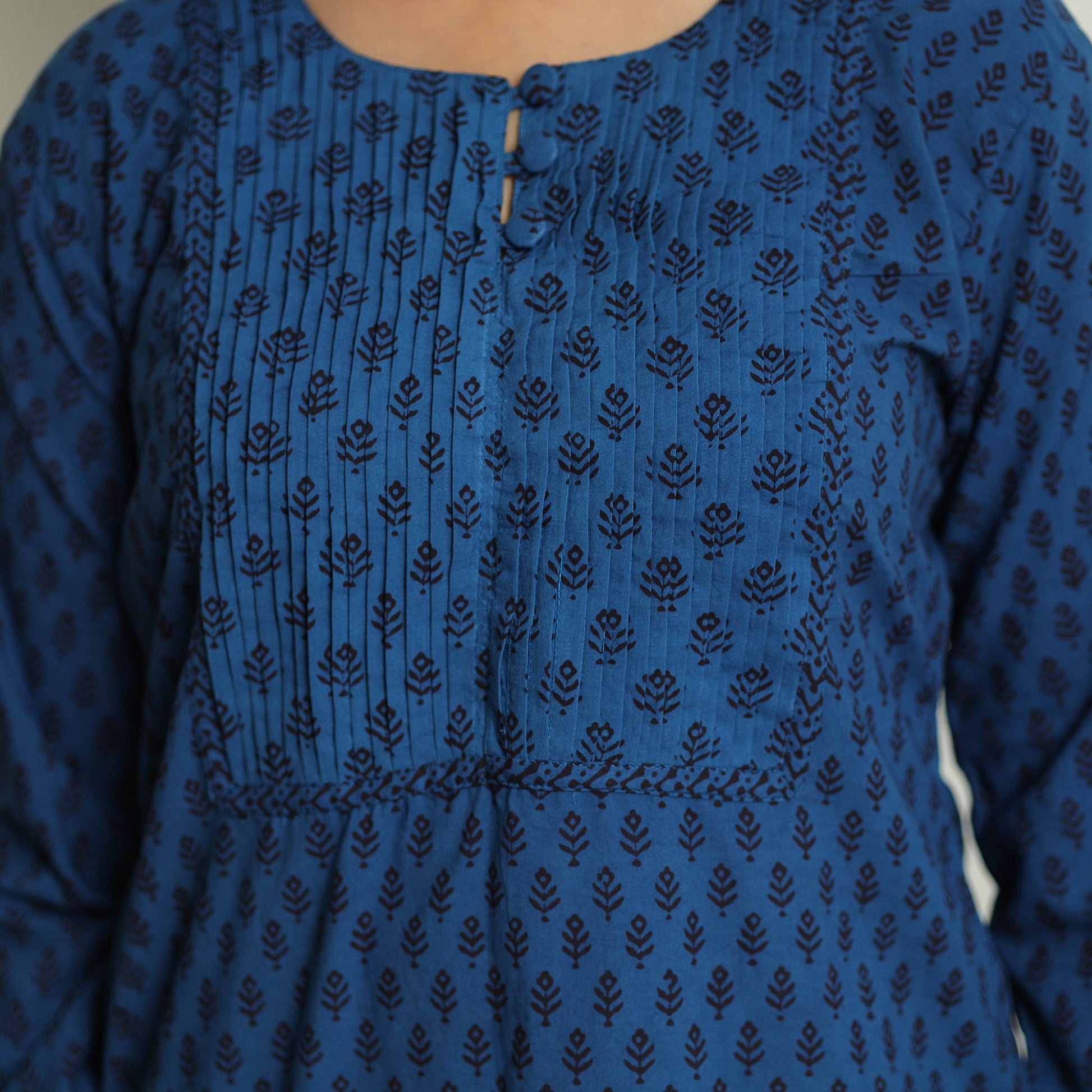 Blue - Block Print Cotton Pintuck Straight Bagh Kurta