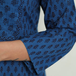 Blue - Block Print Cotton Pintuck Straight Bagh Kurta