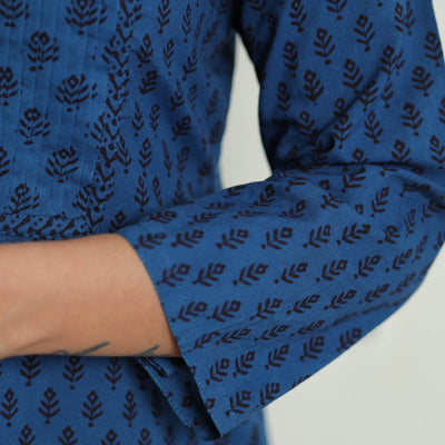 Blue - Block Print Cotton Pintuck Straight Bagh Kurta