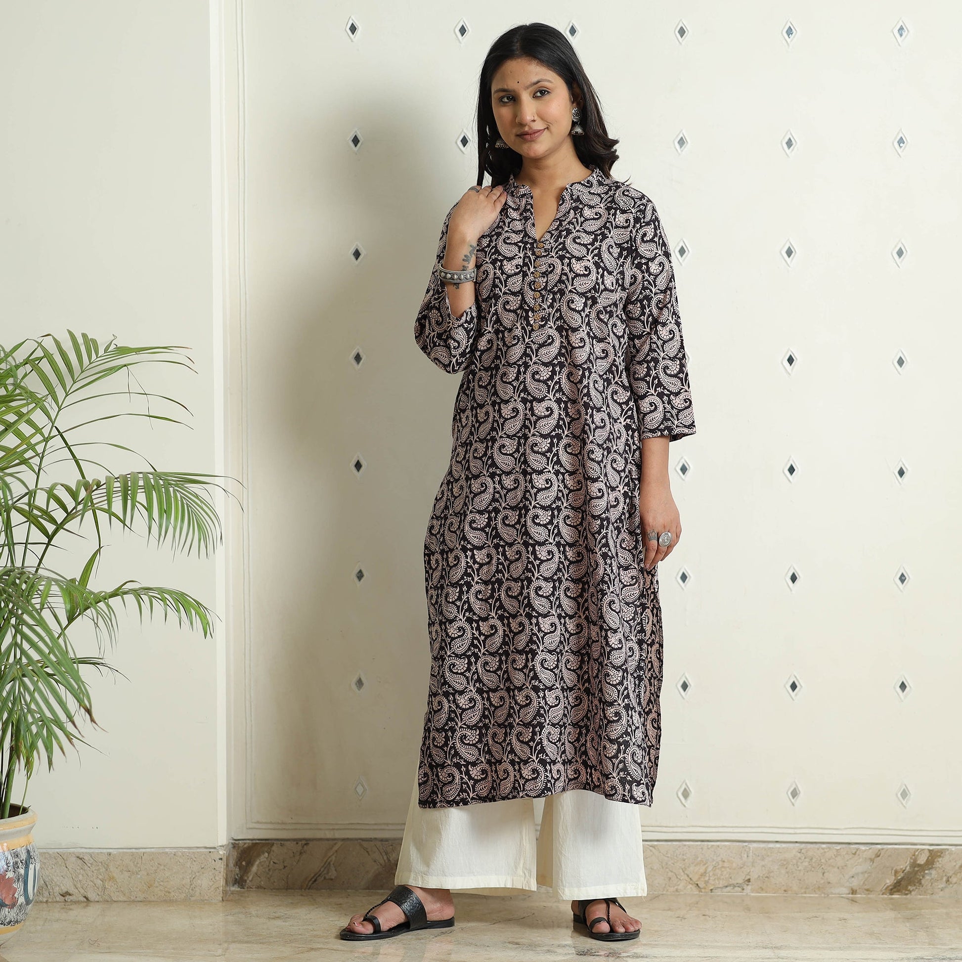Black - Block Print Cotton Straight Bagh Kurta